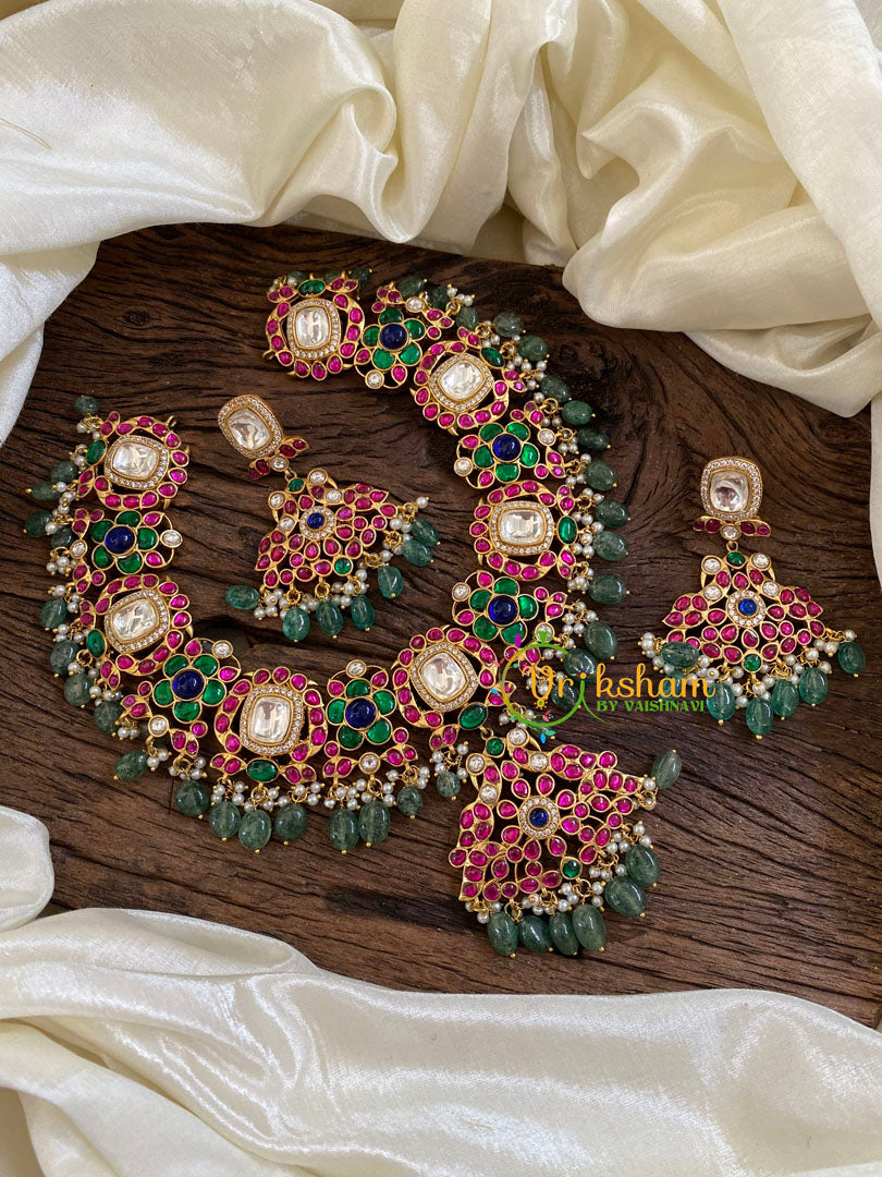 Precious Jadau Kundan Short Neckpiece-Green Beads -J1617