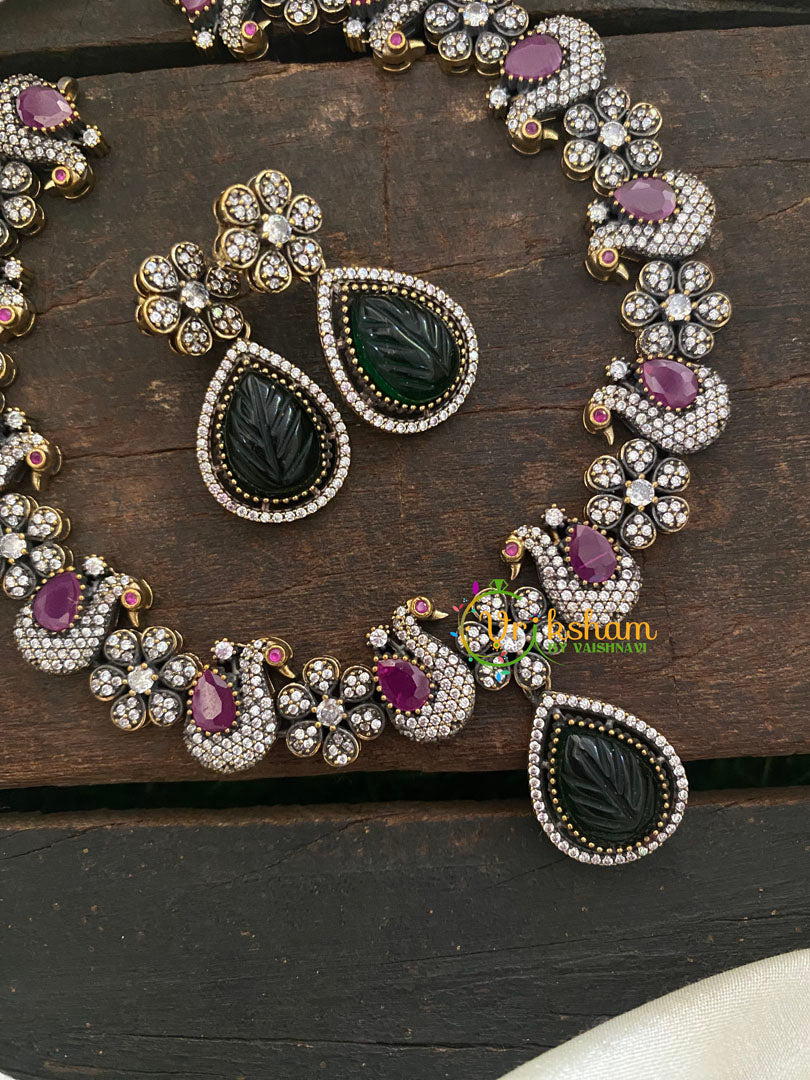 Victorian Diamond Pendant Short Neckpiece -Emerald Green-VV387