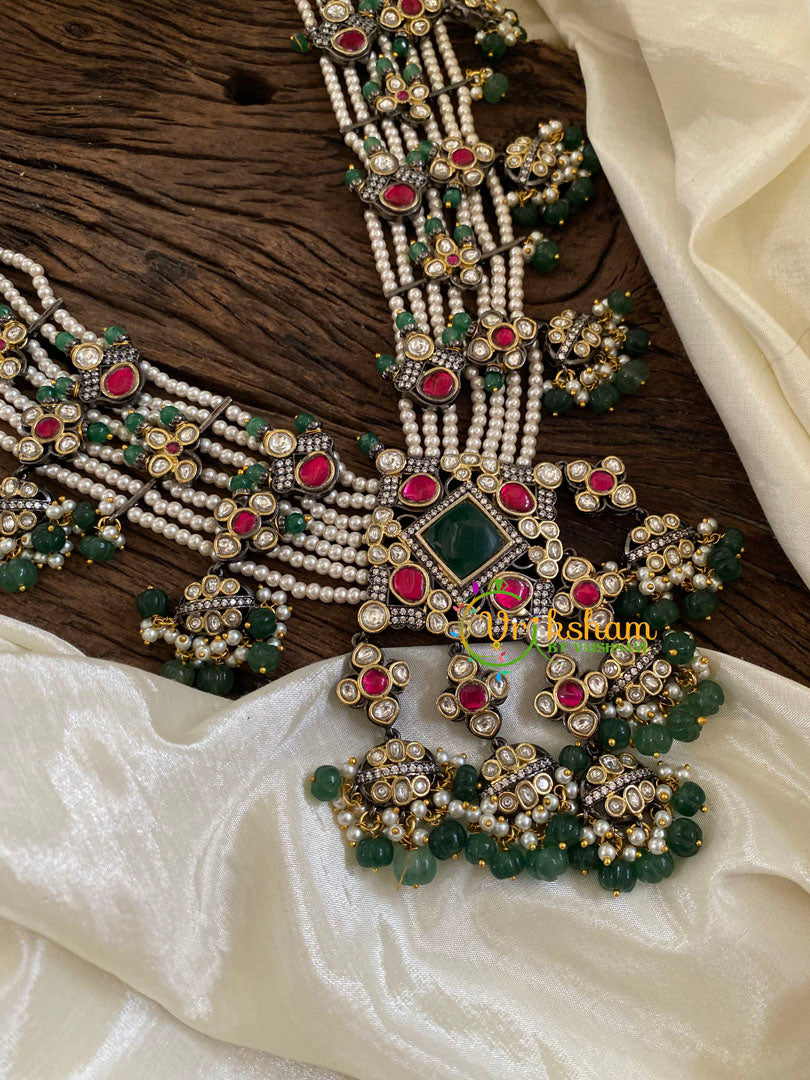 Unique Multilayer Bead Jadau Kundan Pendant Mala -J1671
