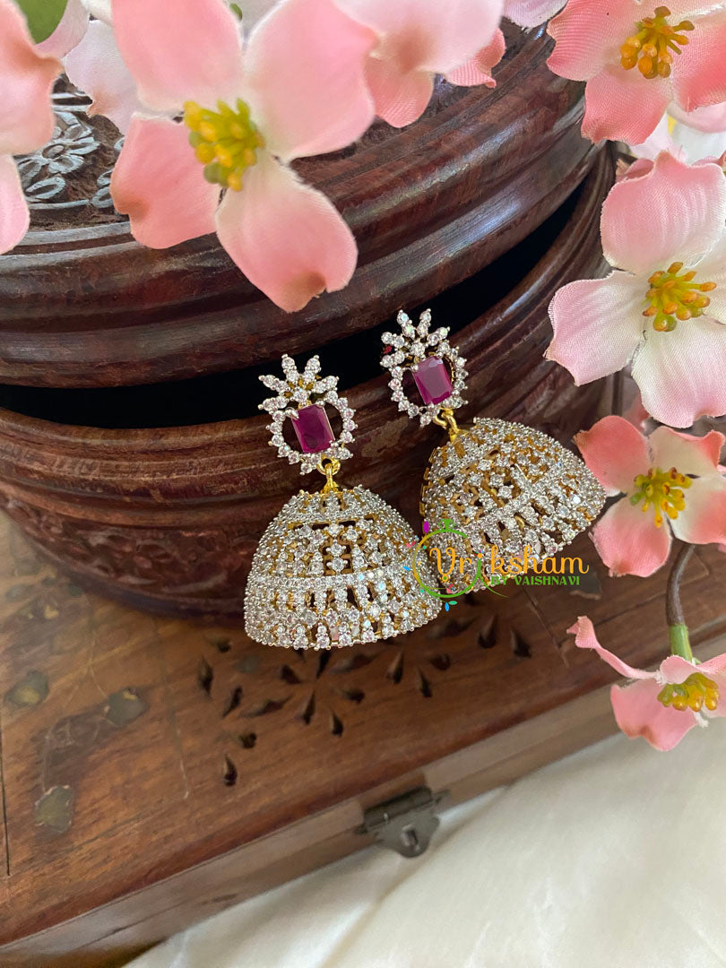 American Diamond Jhumkas -Flora-Red-G5692