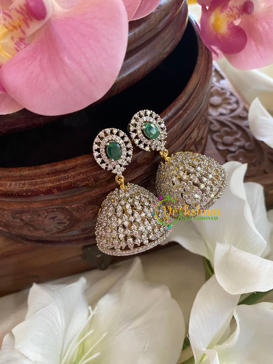 American Diamond Jhumkas-Oval-Green -G5685