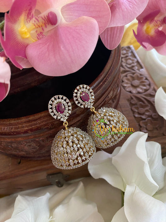 American Diamond Jhumkas-Oval-Red-G5693