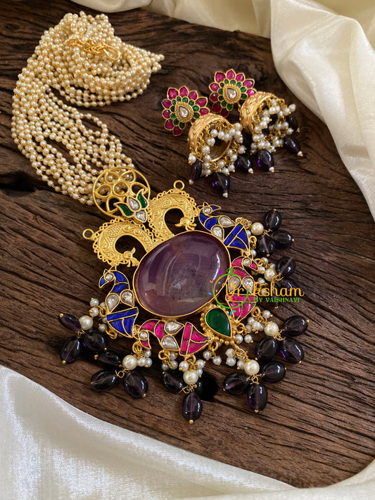 Multilayered Pearl Bead Jadau Kundan Pendant Mala -Purple Stone Pendant-J1695