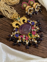 Multilayered Pearl Bead Jadau Kundan Pendant Mala -Purple Stone Pendant-J1695