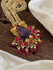 Multilayered Bead Jadau Kundan Pendant Mala -Tilak-Purple Stone-J1697