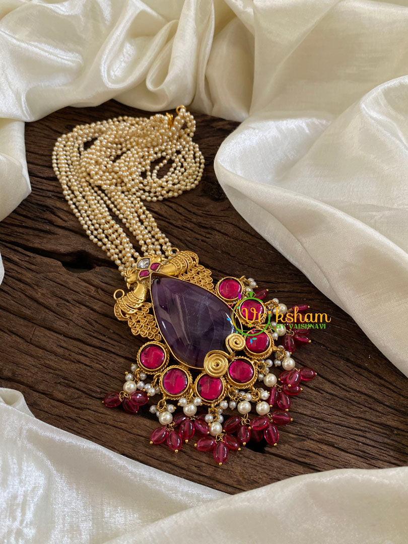 Multilayered Bead Jadau Kundan Pendant Mala -Tilak-Purple Stone-J1697