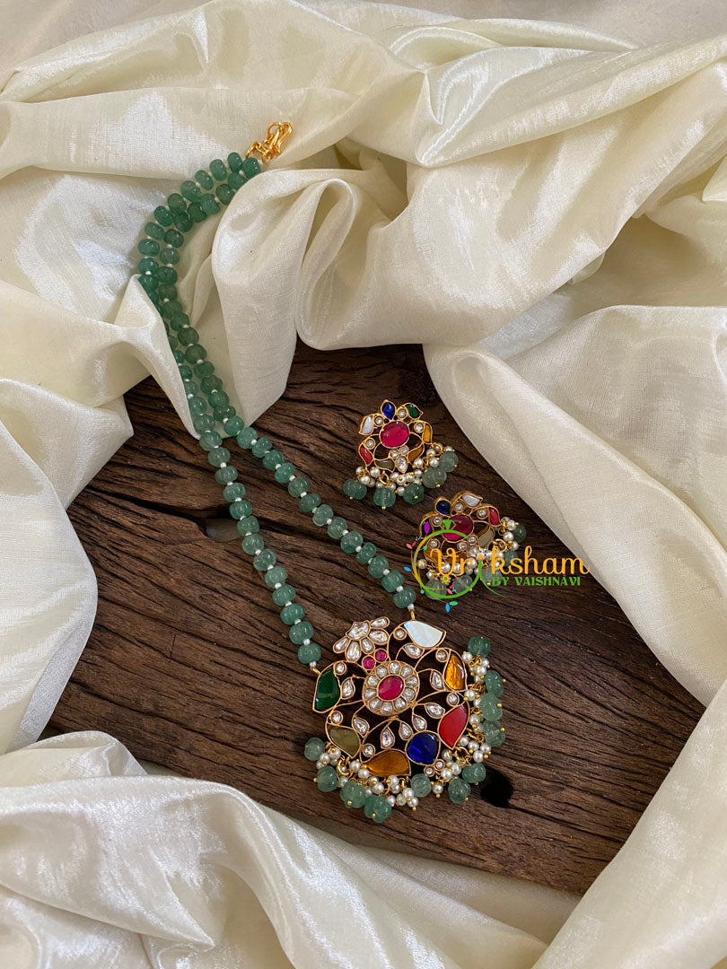 Single Strand Green Bead Jadau Kundan Pendant Mala-Navrathna-J1692