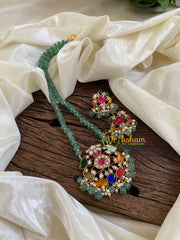 Single Strand Green Bead Jadau Kundan Pendant Mala-Navrathna-J1692