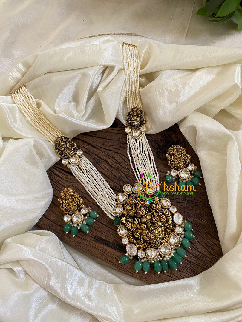 White Bead Jadau Kundan Pendant Mala with Mogappu-Lakshmi Pendant-J1648