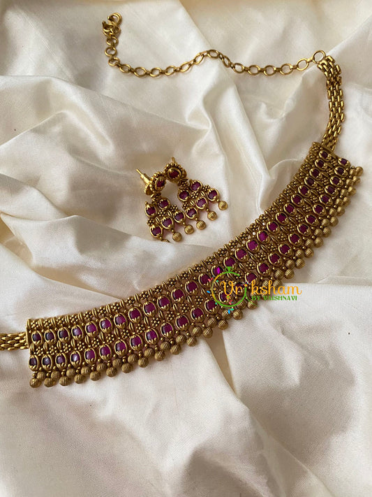 Premium Gold Look Alike Red Ad Stone Short Neckpiece -G8861