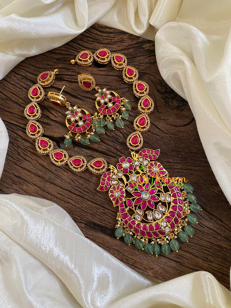 Precious Jadau Kundan Short Neckpiece-Pastel Green Beads -J1629