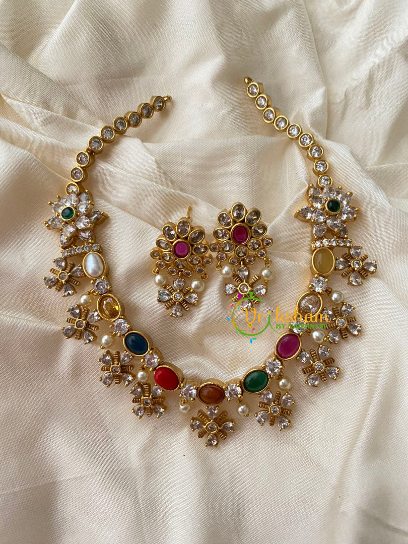 AD Stone Simple Choker -Floral -Navarathna-G8853