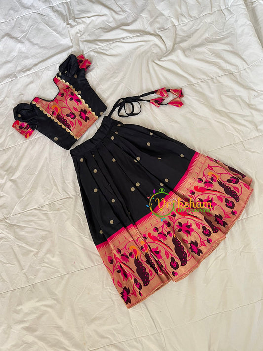 Black with Pink Paithani Lehenga Set- Indian Traditional Girls Lehenga-VS1812