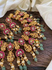 Intricately Layered Jadau Kundan Lakshmi Choker -Pastel Green Beads -J1624