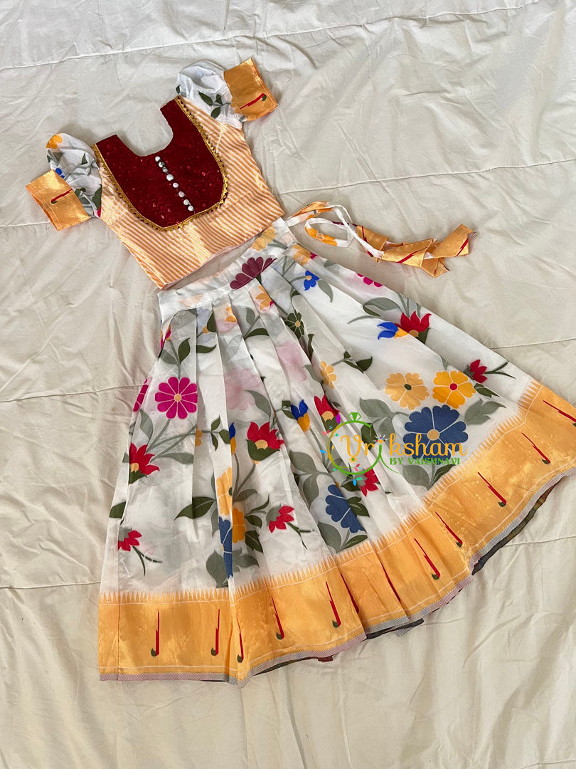 Gold with White Floral Indian Traditional Girls Lehenga-VS1806