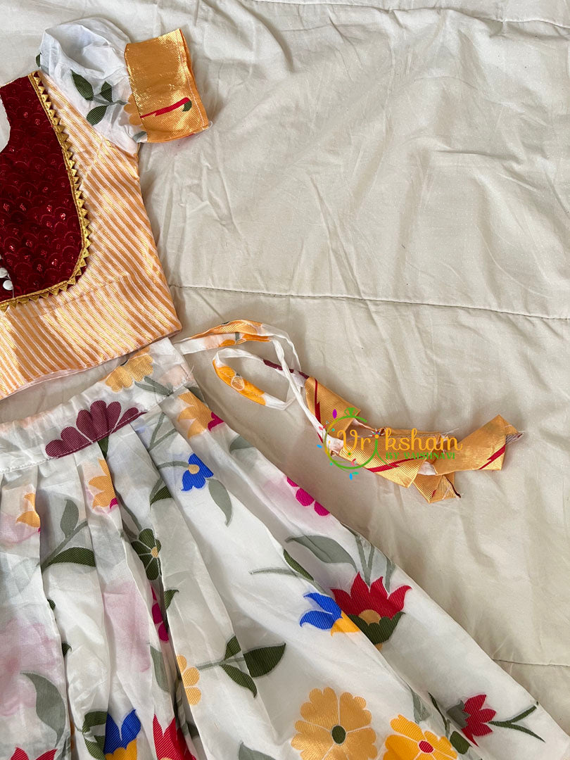 Gold with White Floral Indian Traditional Girls Lehenga-VS1806