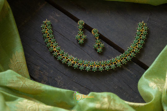 Golden Dual Layer American Diamond Style neckpiece - Green-G671