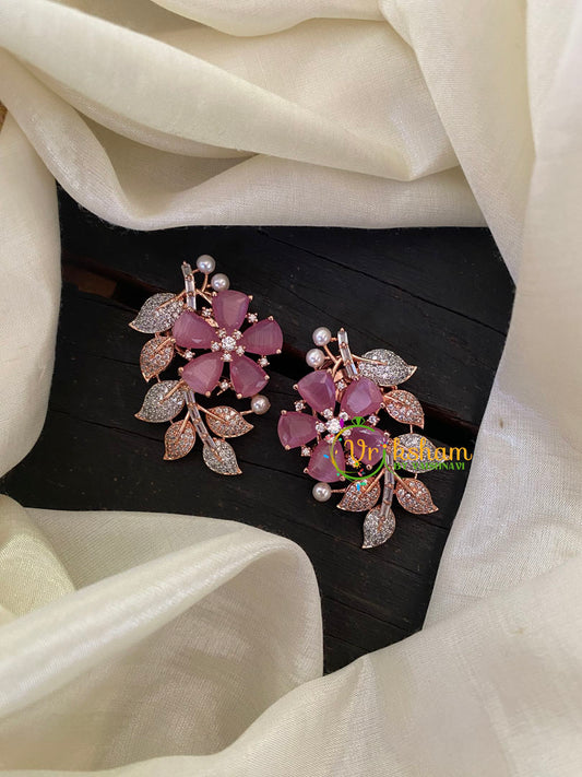 Soft Maroon Floral American Diamond Stud -G6629