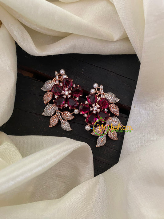 Maroon Floral American Diamond Stud -G6630