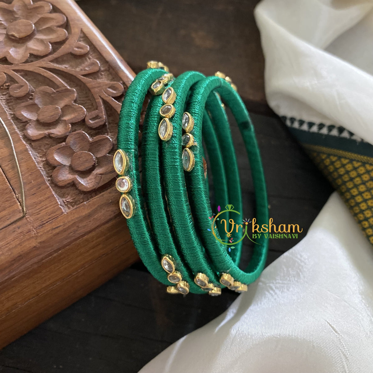 Green Silk Thread Bangles with Glossy Stone-G3623