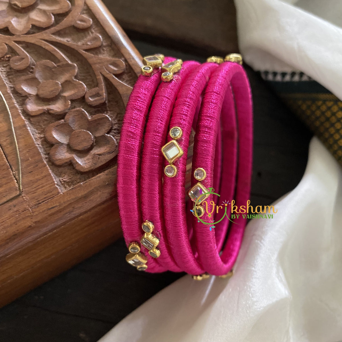 Pink Silk Thread Bangles with Glossy Stone-G3622