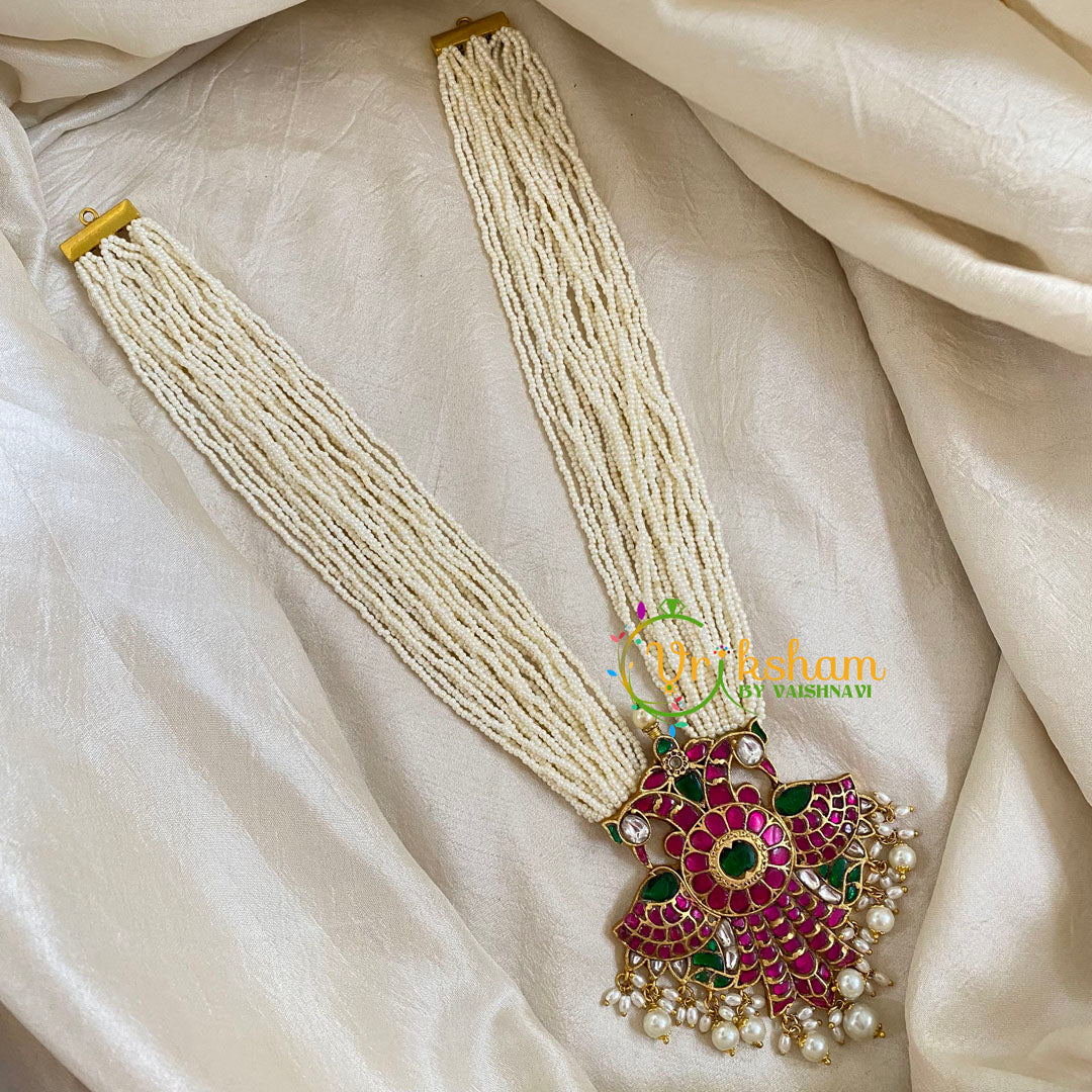 Layered White Bead Jadau Kundan Pendant Mala -J1649