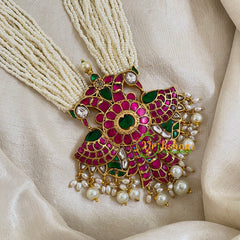 Layered White Bead Jadau Kundan Pendant Mala -J1649