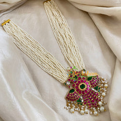 Layered White Bead Jadau Kundan Pendant Mala -J1649