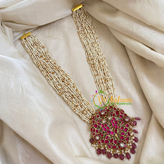 Layered White Bead Jadau Kundan Pendant Mala -J1650