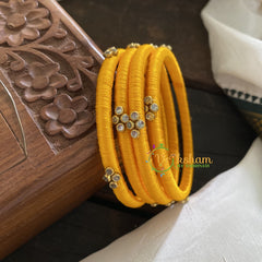 Yellow Silk Thread Bangles with White Stone-G3615