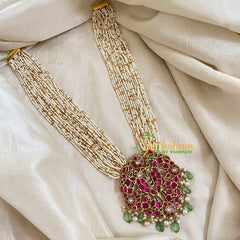 Layered White and Gold Bead Jadau Kundan Pendant Mala -J1651