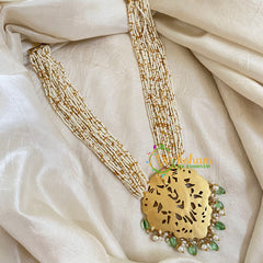 Layered White and Gold Bead Jadau Kundan Pendant Mala -J1651