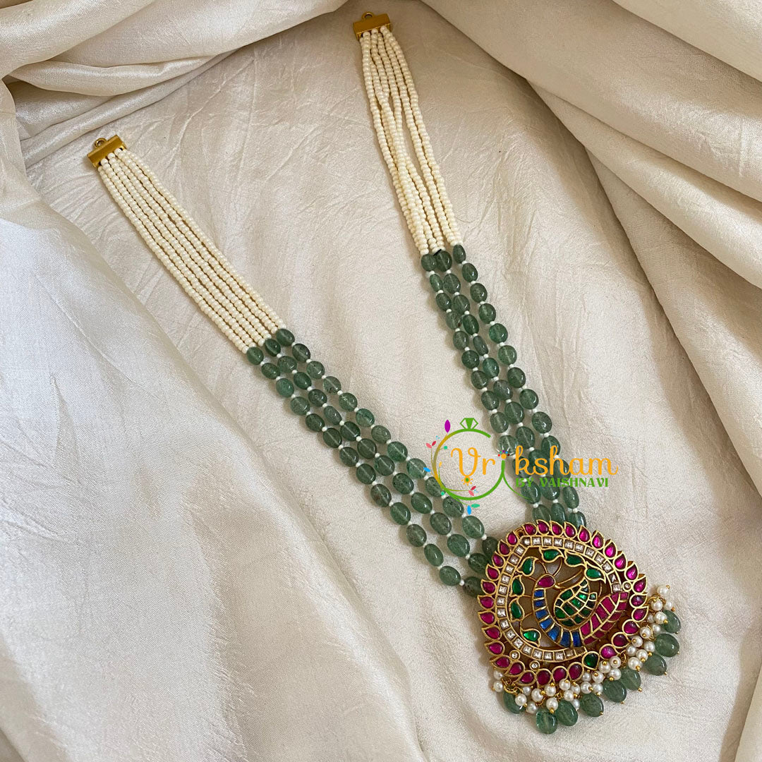 Half and Half White Green Bead Jadau Kundan Pendant Mala -J1652