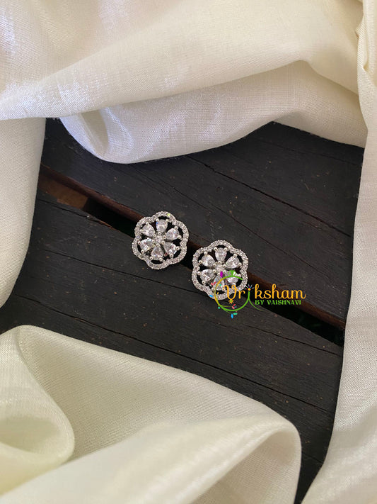 White Tone American Diamond Stud -Floral -G6655