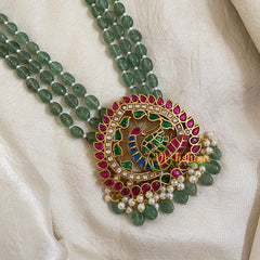 Half and Half White Green Bead Jadau Kundan Pendant Mala -J1652