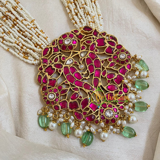 Layered White and Gold Bead Jadau Kundan Pendant Mala -J1651