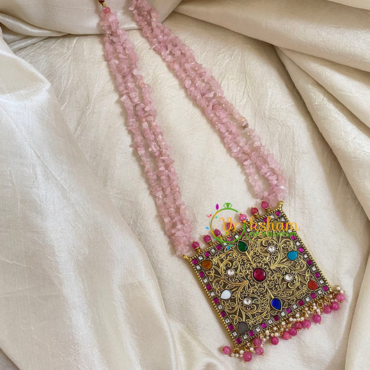 Rose Bead Jadau Kundan Pendant Mala-Navrathna -J1653