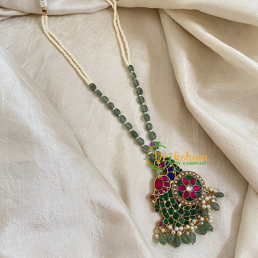 Green and White Bead Jadau Kundan Pendant Mala -J1655