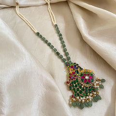 Green and White Bead Jadau Kundan Pendant Mala -J1655