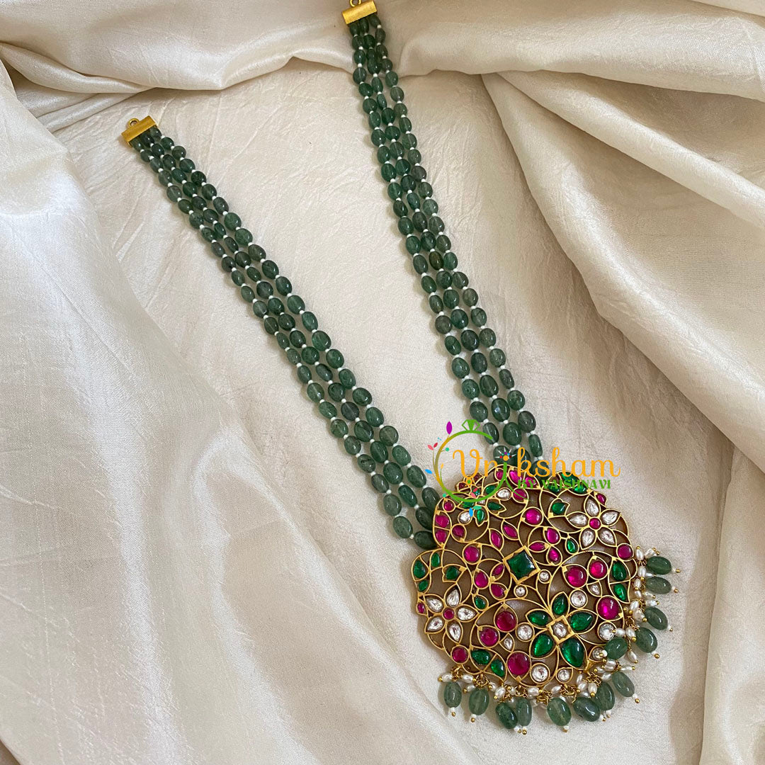 Layered Green Bead Jadau Kundan Pendant Mala -J1656