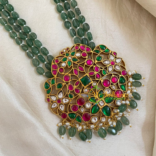 Layered Green Bead Jadau Kundan Pendant Mala -J1656