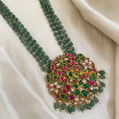 Layered Green Bead Jadau Kundan Pendant Mala -J1656