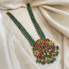 Layered Green Bead Jadau Kundan Pendant Mala -J1656