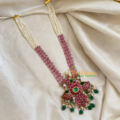 Half and Half Pink White Bead Jadau Kundan Pendant Mala -J1657