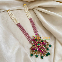 Half and Half Pink White Bead Jadau Kundan Pendant Mala -J1657