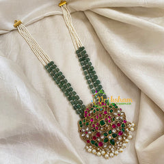 Half and Half Green White Bead Jadau Kundan Pendant Mala -J1659