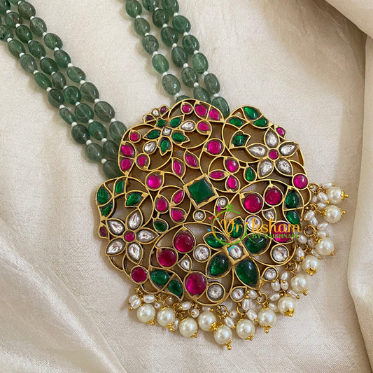 Half and Half Green White Bead Jadau Kundan Pendant Mala -J1659