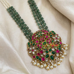 Half and Half Green White Bead Jadau Kundan Pendant Mala -J1659