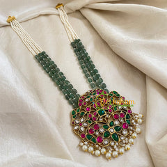 Half and Half Green White Bead Jadau Kundan Pendant Mala -J1659