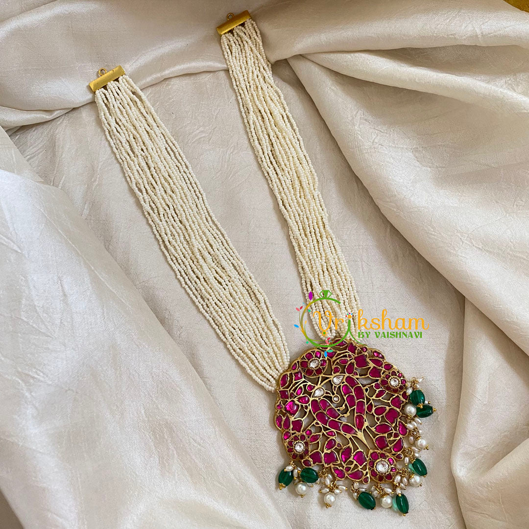 Multilayered White Bead Jadau Kundan Pendant Mala -J1660